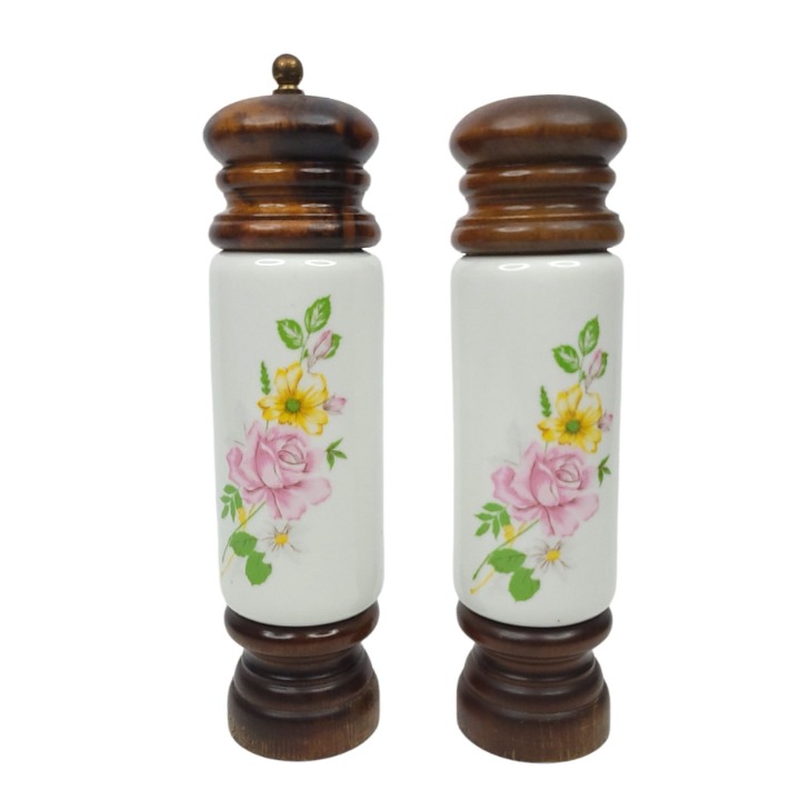 Vintage Ceramic Wood Salt Pepper Set Shakers Floral Rose Pink Yellow Mid Century