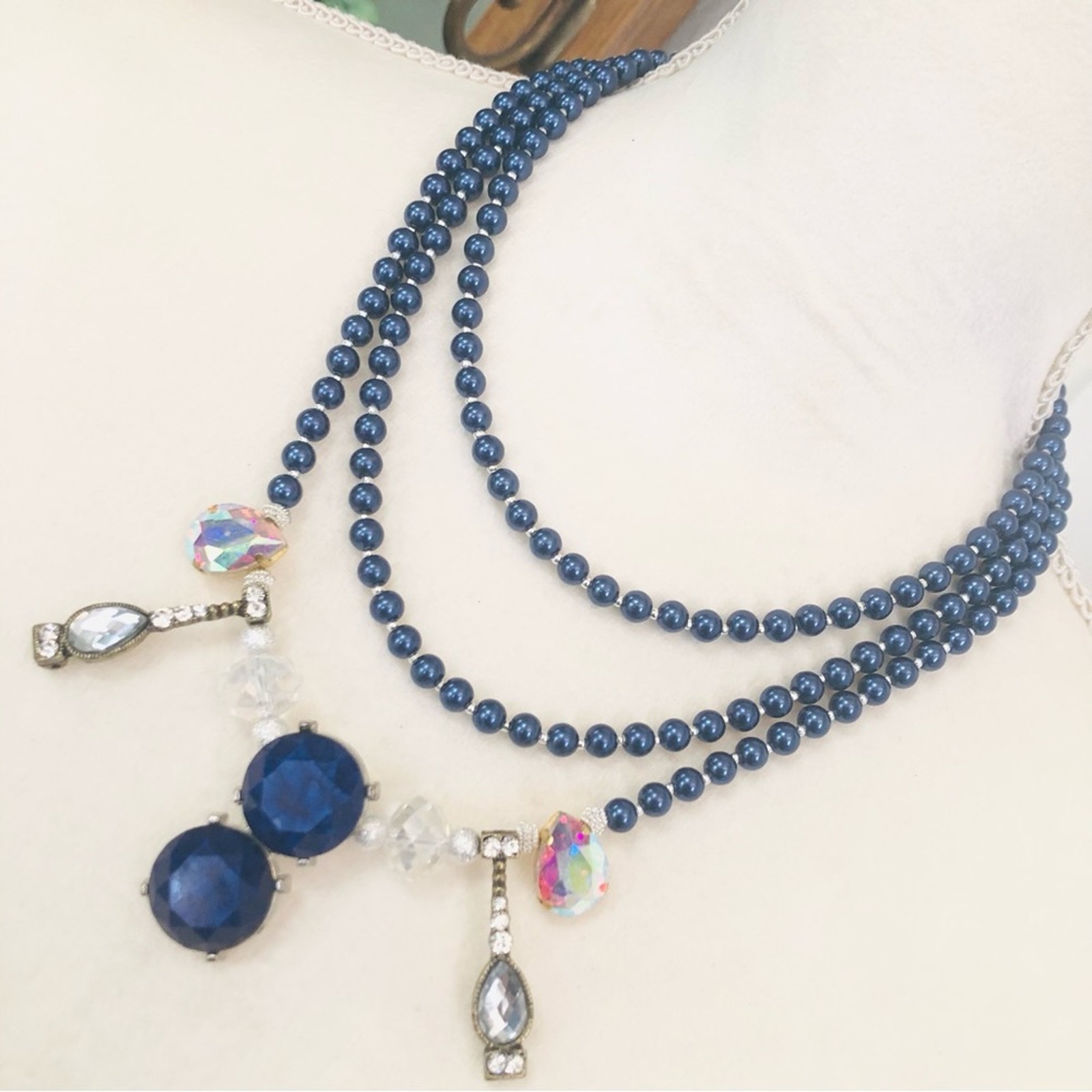 Handcrafted repurpose royal blue Czech glass Pearl fancy toggle clasp necklace