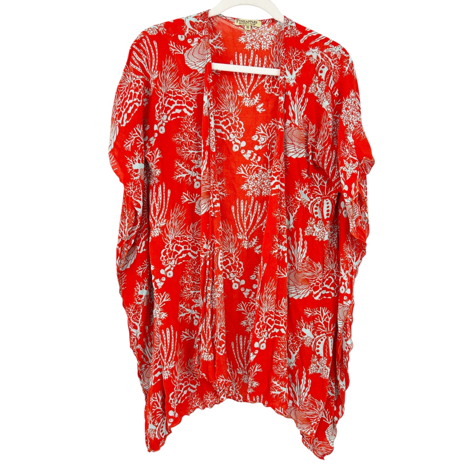 Pineapples Womens Hawaiian Beachy Fish Coral Print Kimono Cover Up Size M Red