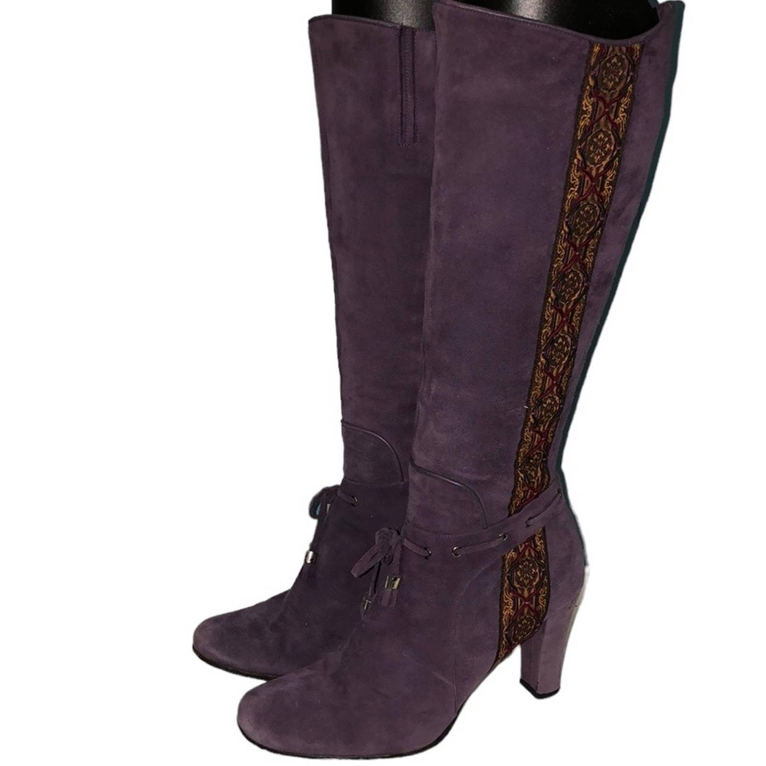 Taryn Rose purple suede brocade heeled boots women’s size 38 7.5 witchy costume