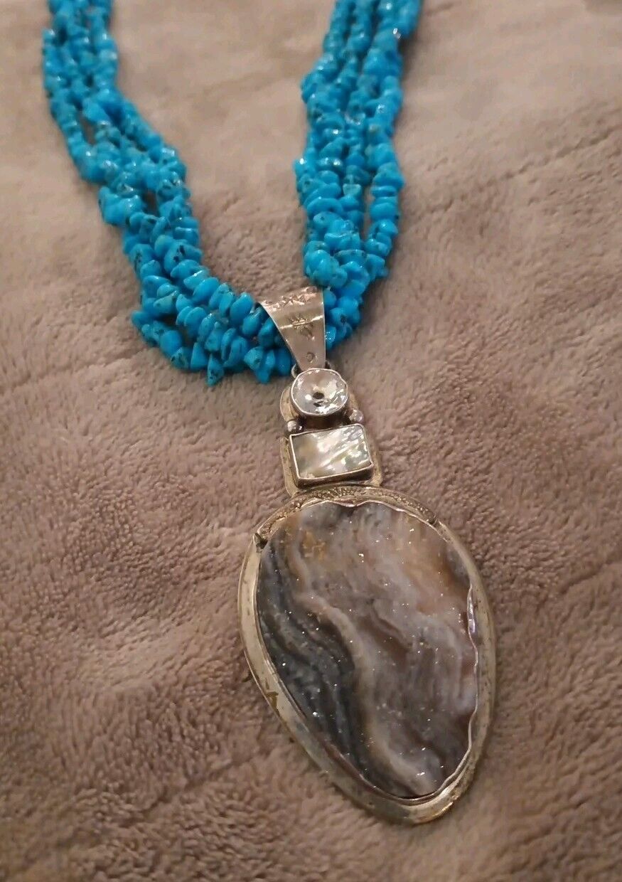 Southwestern Turquoise Beaded Sterling Silver Quartz Crystal Pendant Necklace