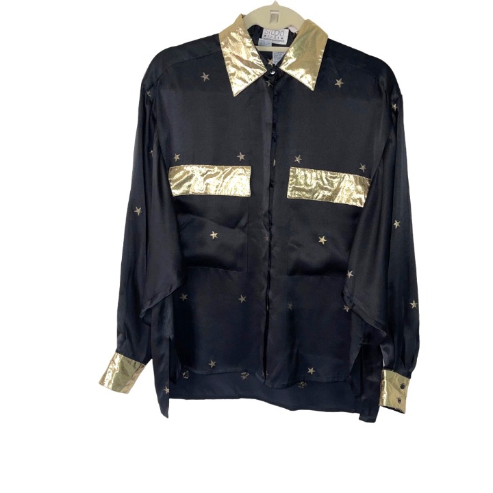 Studio 1201 Mercedes + Adrienne Silk Shirt Womens Size 6 Star Design Gold Lame