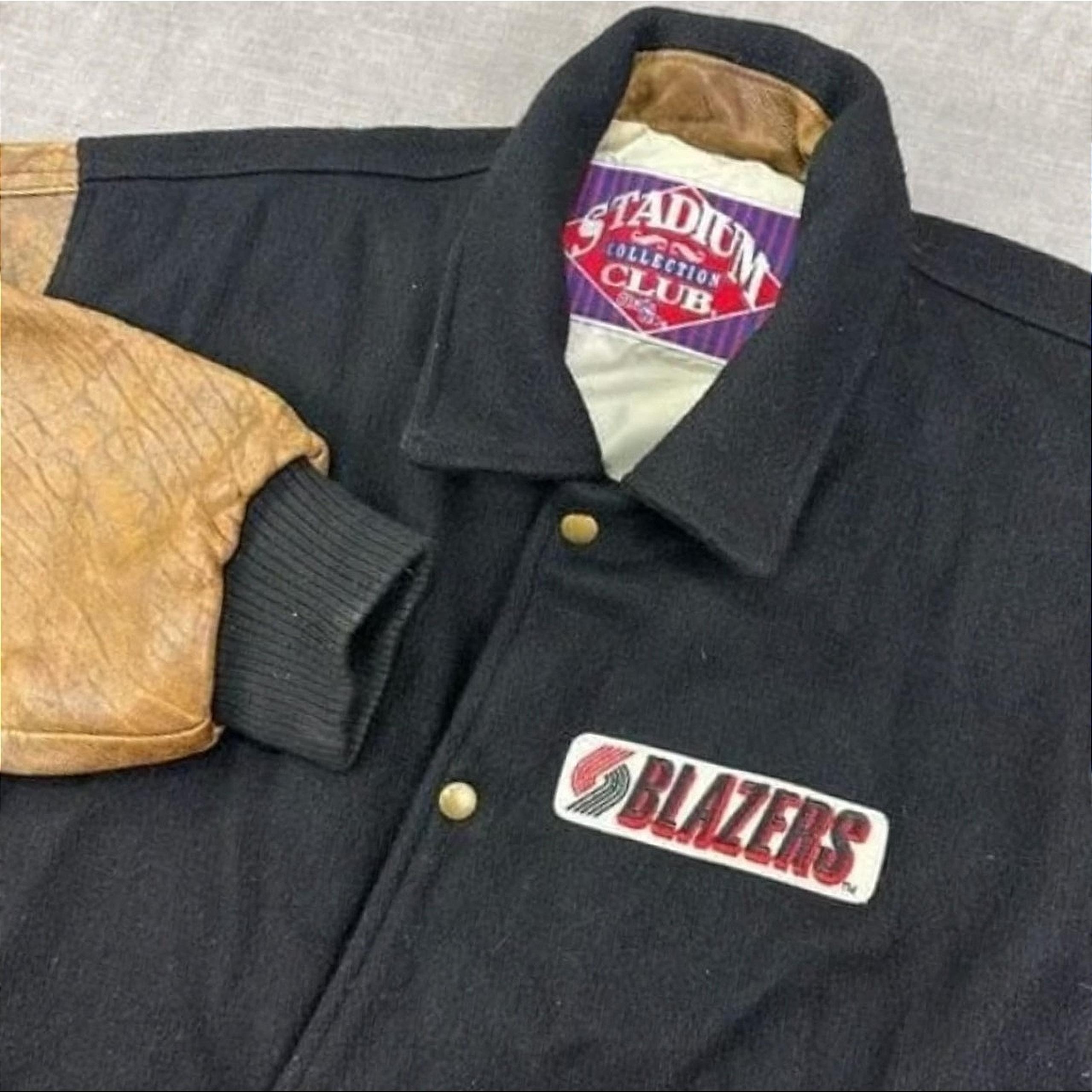 VTG BLAZERS Jacket Mens L Black Brown Stadium Club Wool Leather Varsity NBA 90s