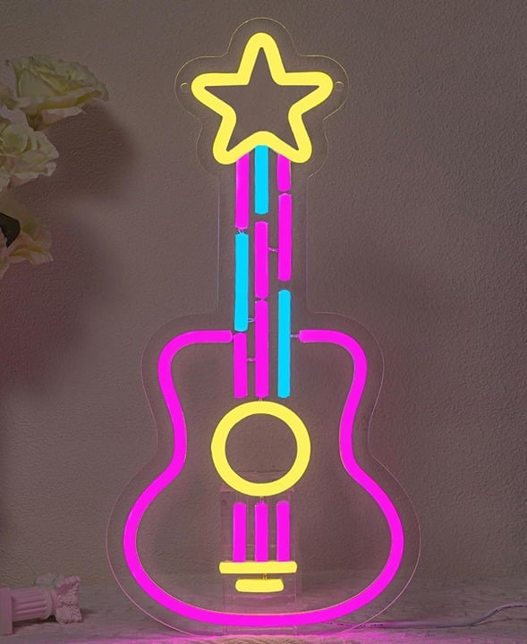 Lovely Bright Pink Guitar Star LED Night Light Music Concert Room Wall Decor