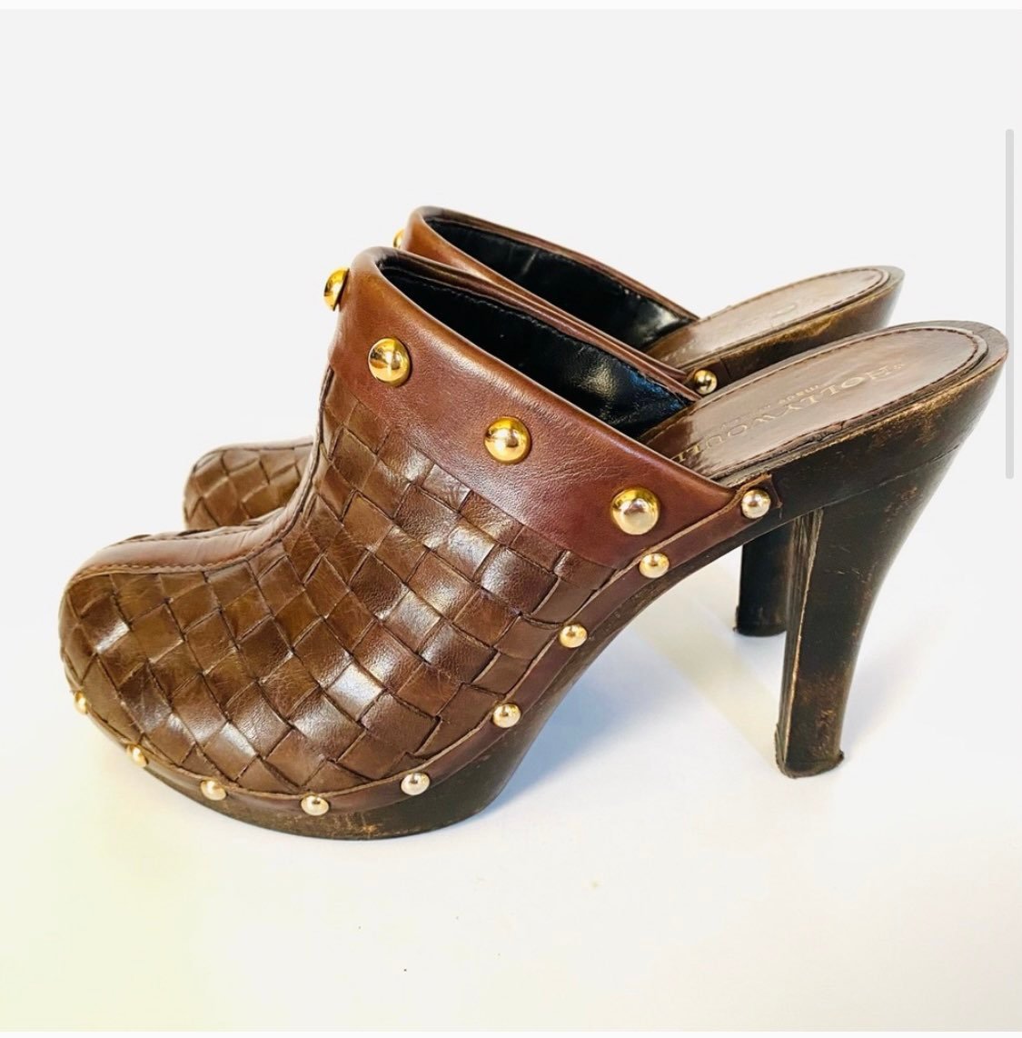 HOLLYWOULD Brown Leather Woven Mules