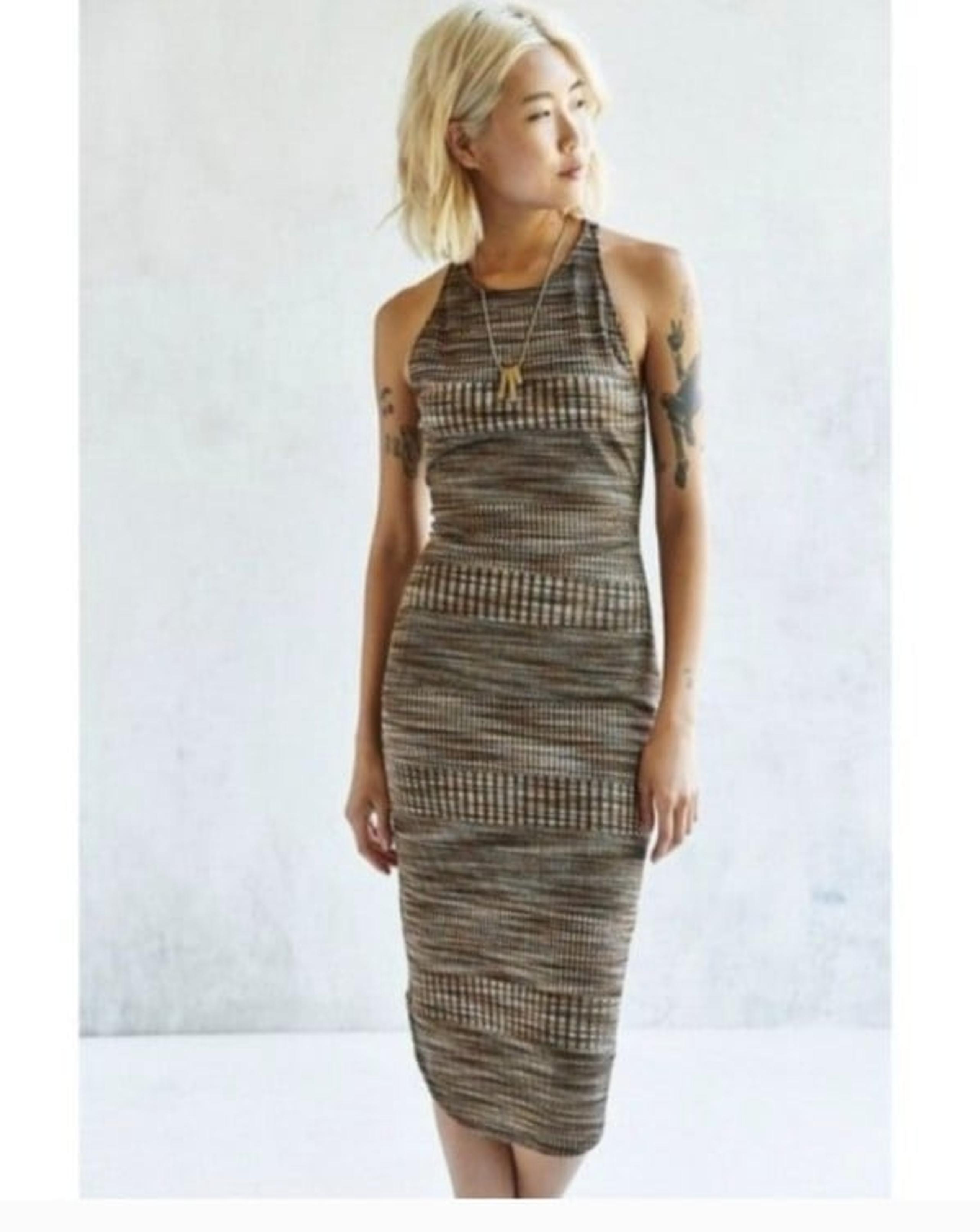 Ecote Brown Gold Space Dye Bodycon Lined  Sleeveless Round Neck Midi Dress- XS