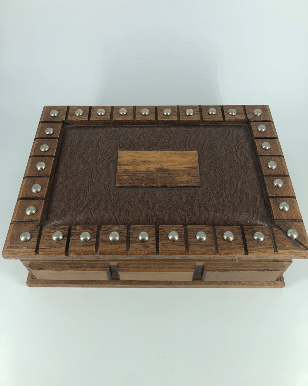 Vintage Wooden Studded Jewelry Box w/ Leather Inlay Cover & Orange Velvet Inside