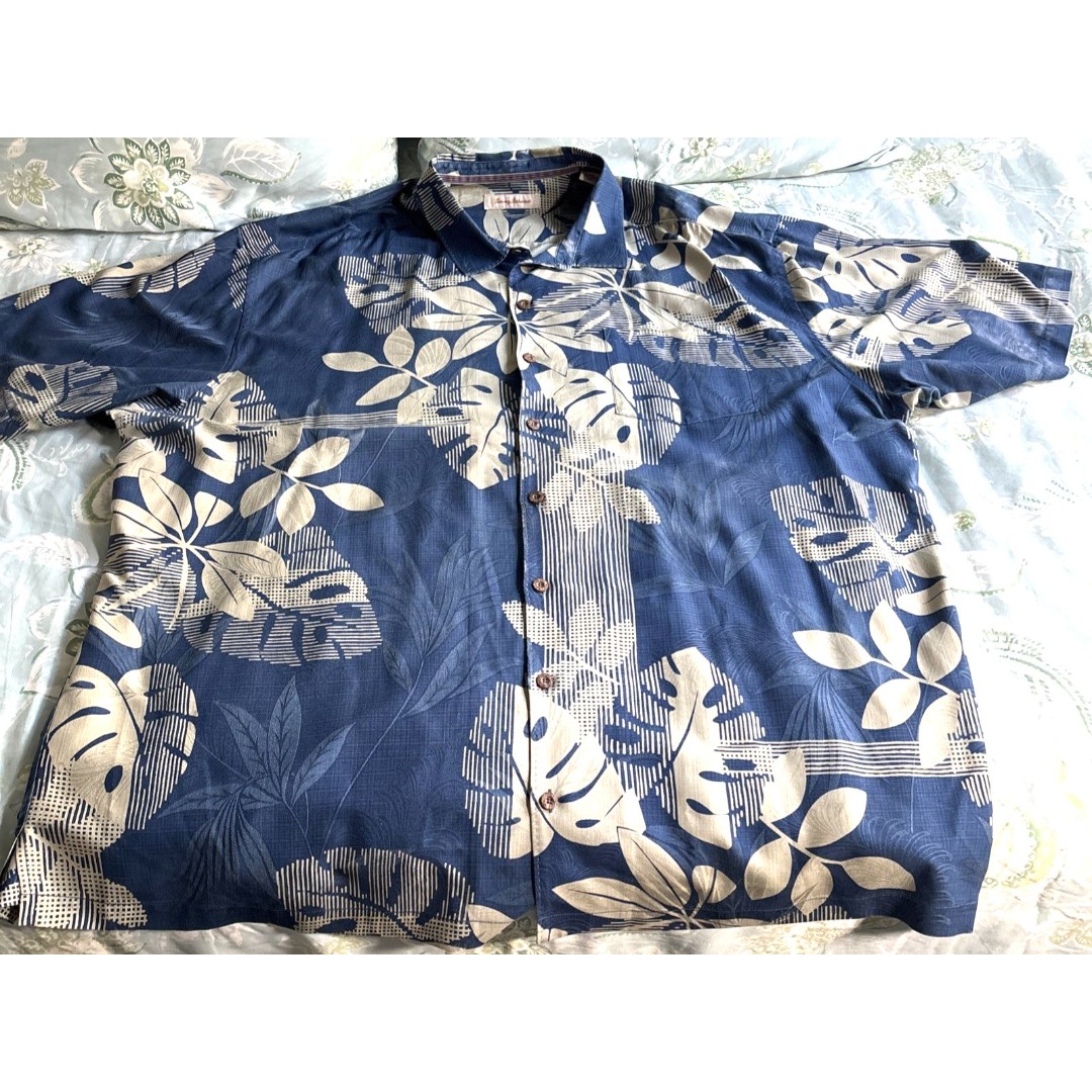 Tommy Bahama 100% Silk Floral Hawaiian Shirt 3XT Blue Monstera Deliciosa Print
