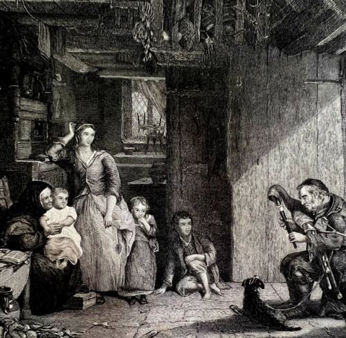 Blind Piper Steel Engraving 1859 Victorian Bard Musician Art Pipes DWY5C
