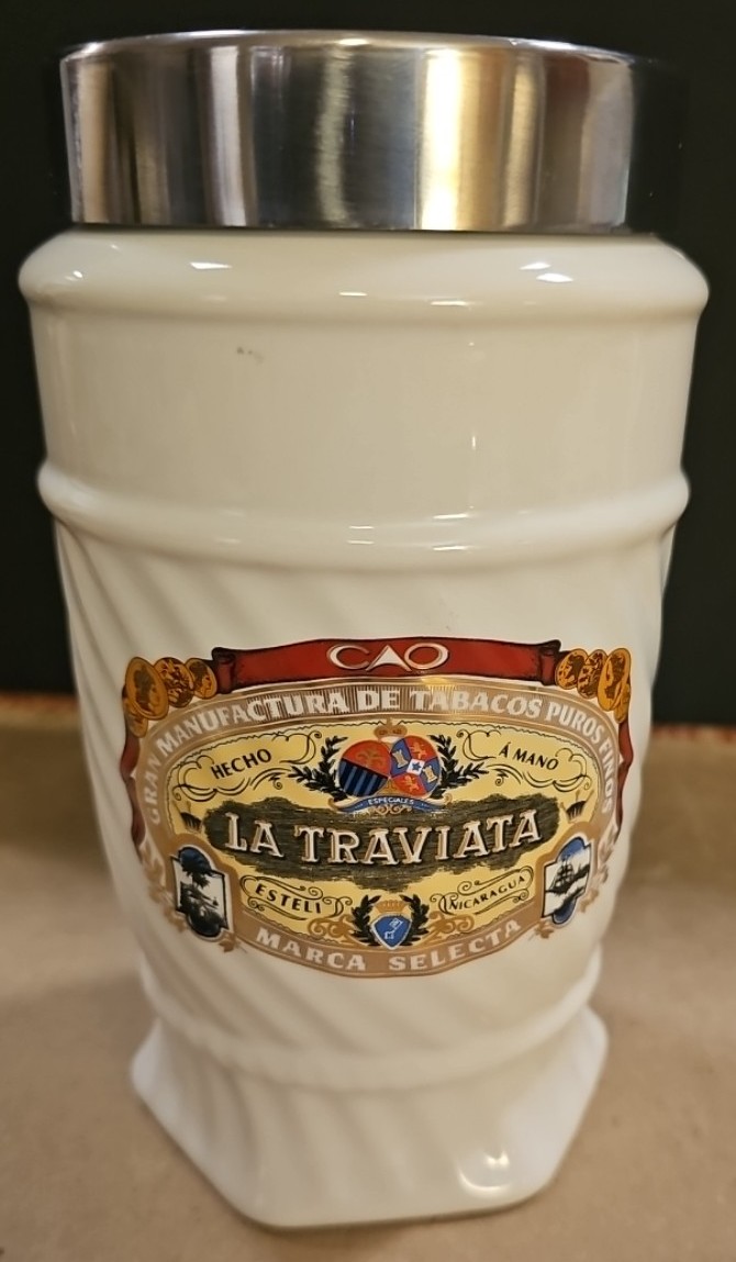 CAO LA TRAVIATA MARCA SELECTA WHITE GLASS CIGAR HUMIDOR JAR Hecho A Mano CD