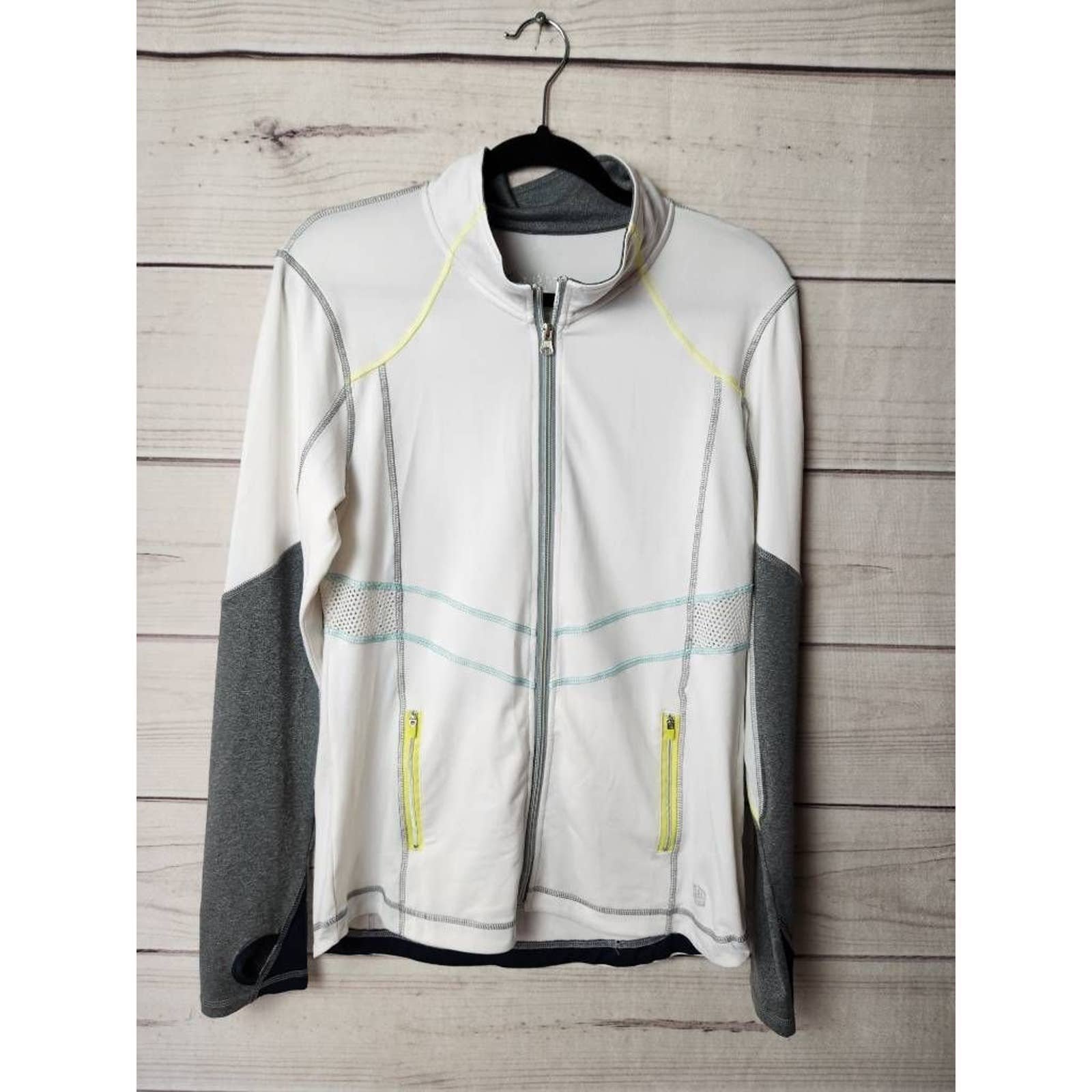BKE Sport Women Jacket White Full Zip Thumbholes Pockets Netted Back Running S