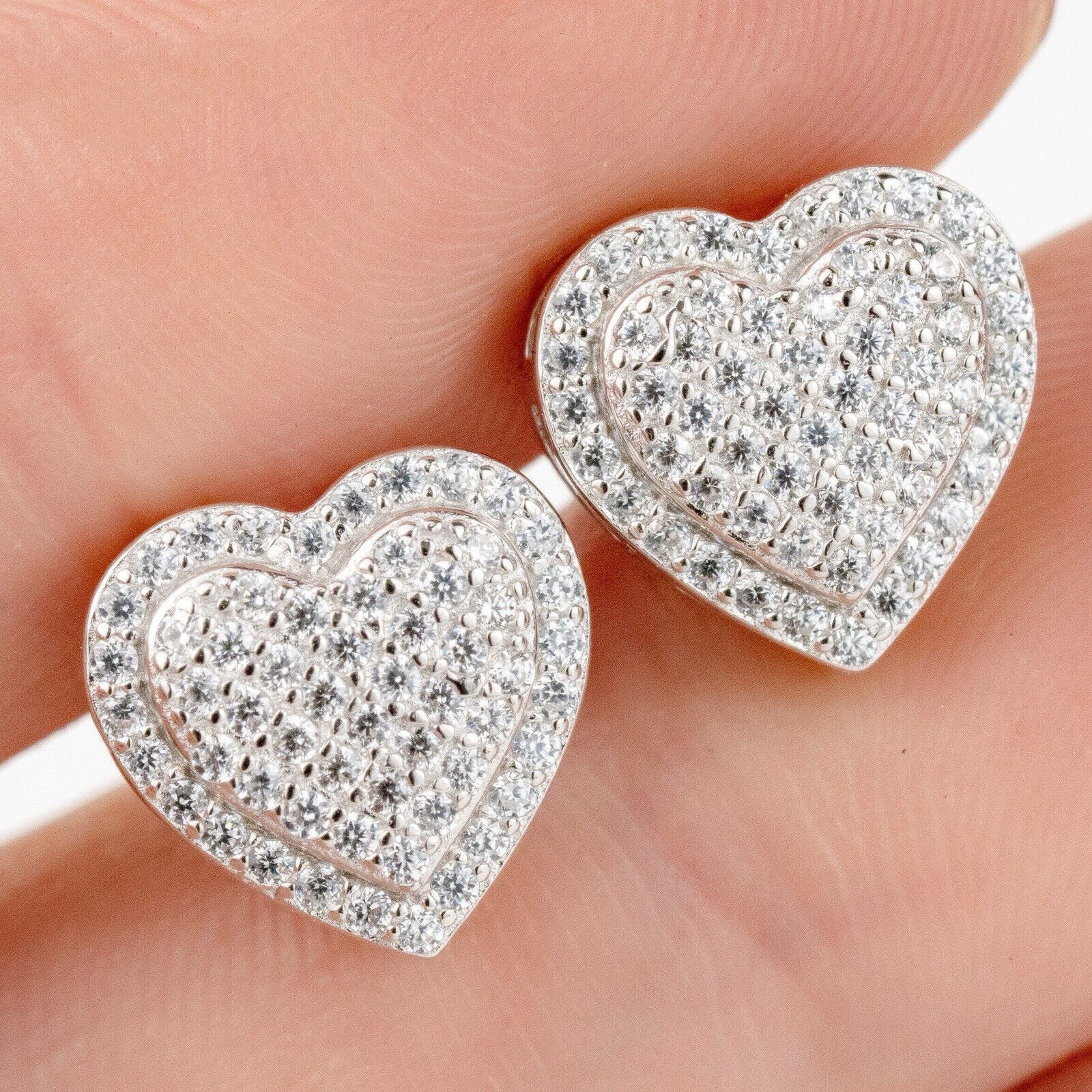 Heart Shaped Solid 925 Sterling Silver Stud Earrings CZ Men’s Earrings