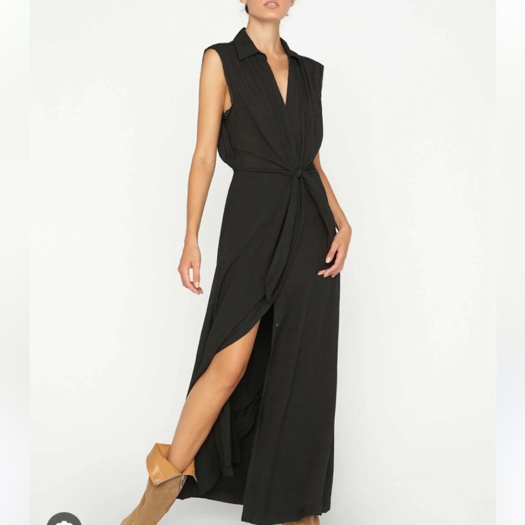 Brochu Walker Sleeveless Madsen Maxi Dress Black Onyx Fitted Waist Gauzy Light L