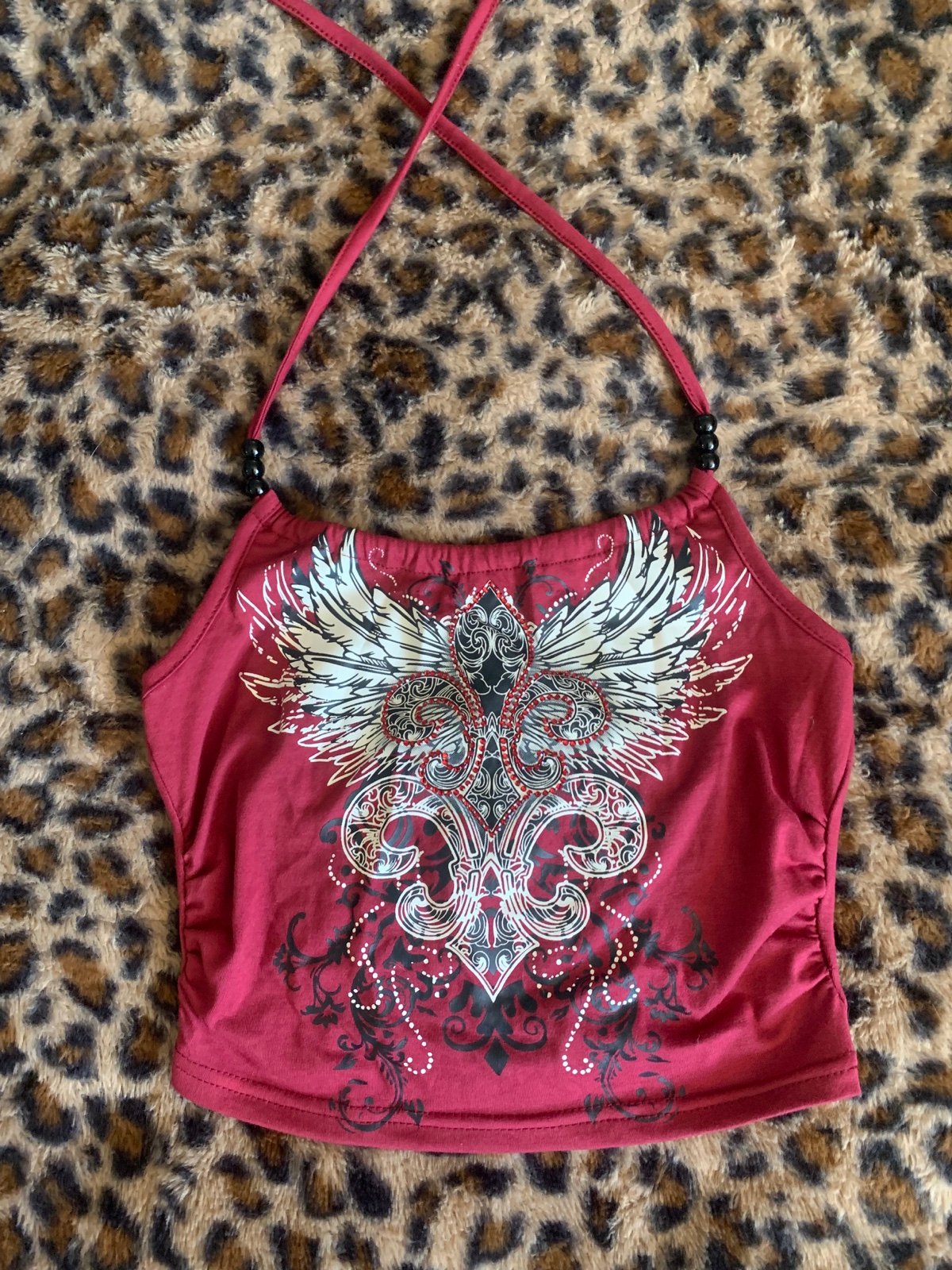 Y2k Rhinestone Embroidered Grunge Halter Top Burgundy