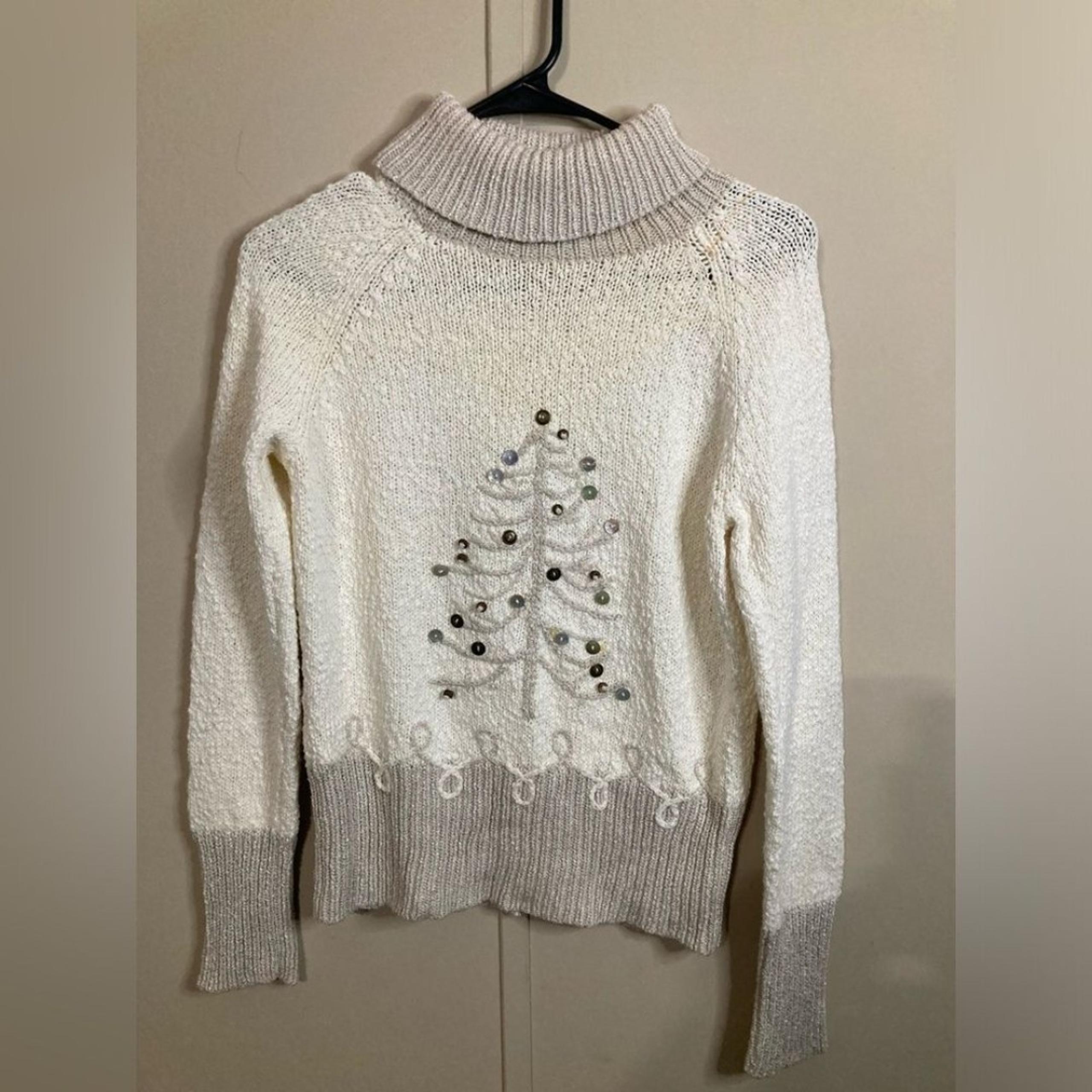 Vintage Talbots Knit Christmas Tree Turtleneck Sweater Off White Women's Size S
