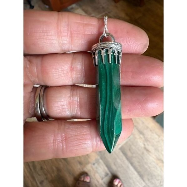 Necklace, Green Malachite Crystal Pendant, Sterling Silver, Handmade, Artisan,
