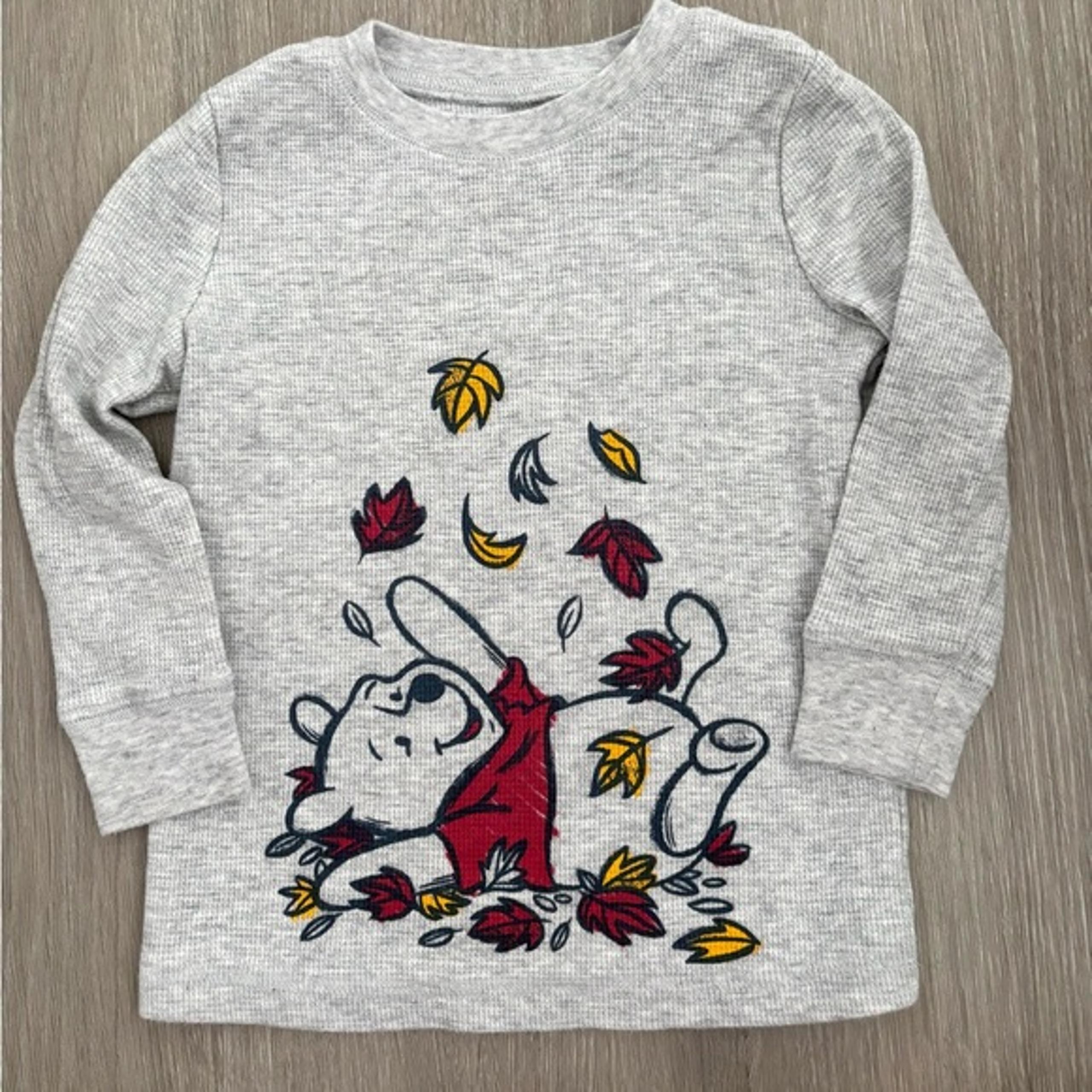 Disney WINNIE THE POOH Gray Thermal Fall Playing in the Leaves 18M Toddler Shirt