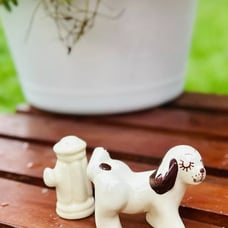 Vintage MCM Rio Hondo California Pottery Naughty Dog Peeing on Fire Hydrant 2 PC