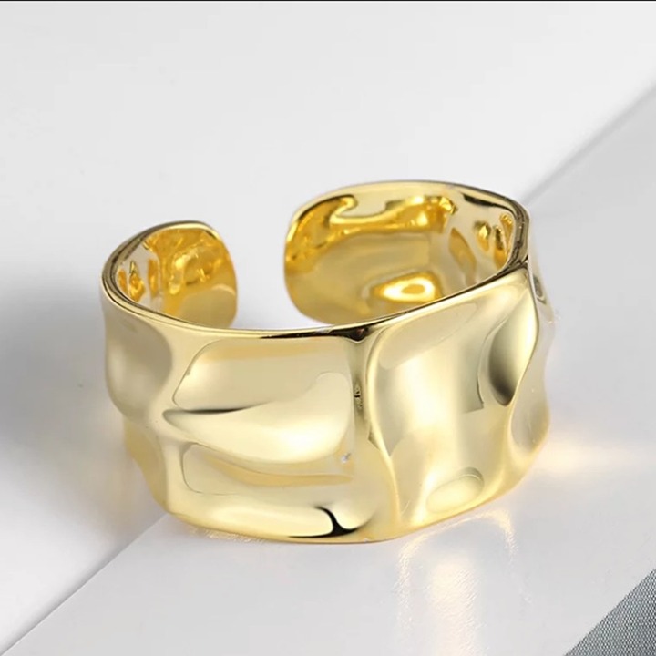 18K GOLD PLATED IRREGULAR RESIZABLE WIDE BAND RING HAMMERED