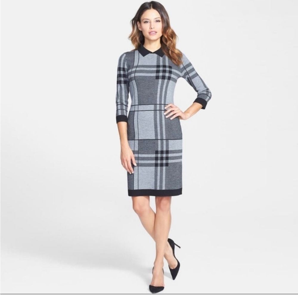 Hugo Boss Gray Plaid Wool Blend Knit Sweater Dress