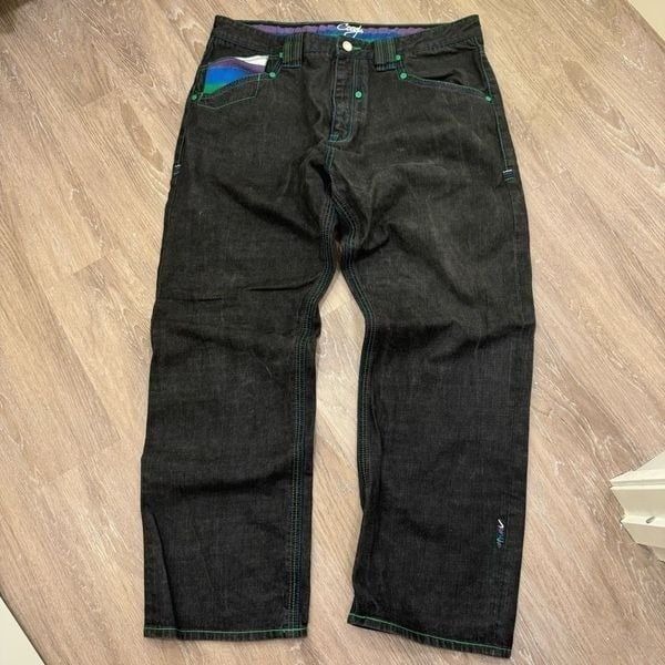 Vintage Coogi Multi-Color Stitching Black Denim Jeans Men 42x35 Embroidered Pock