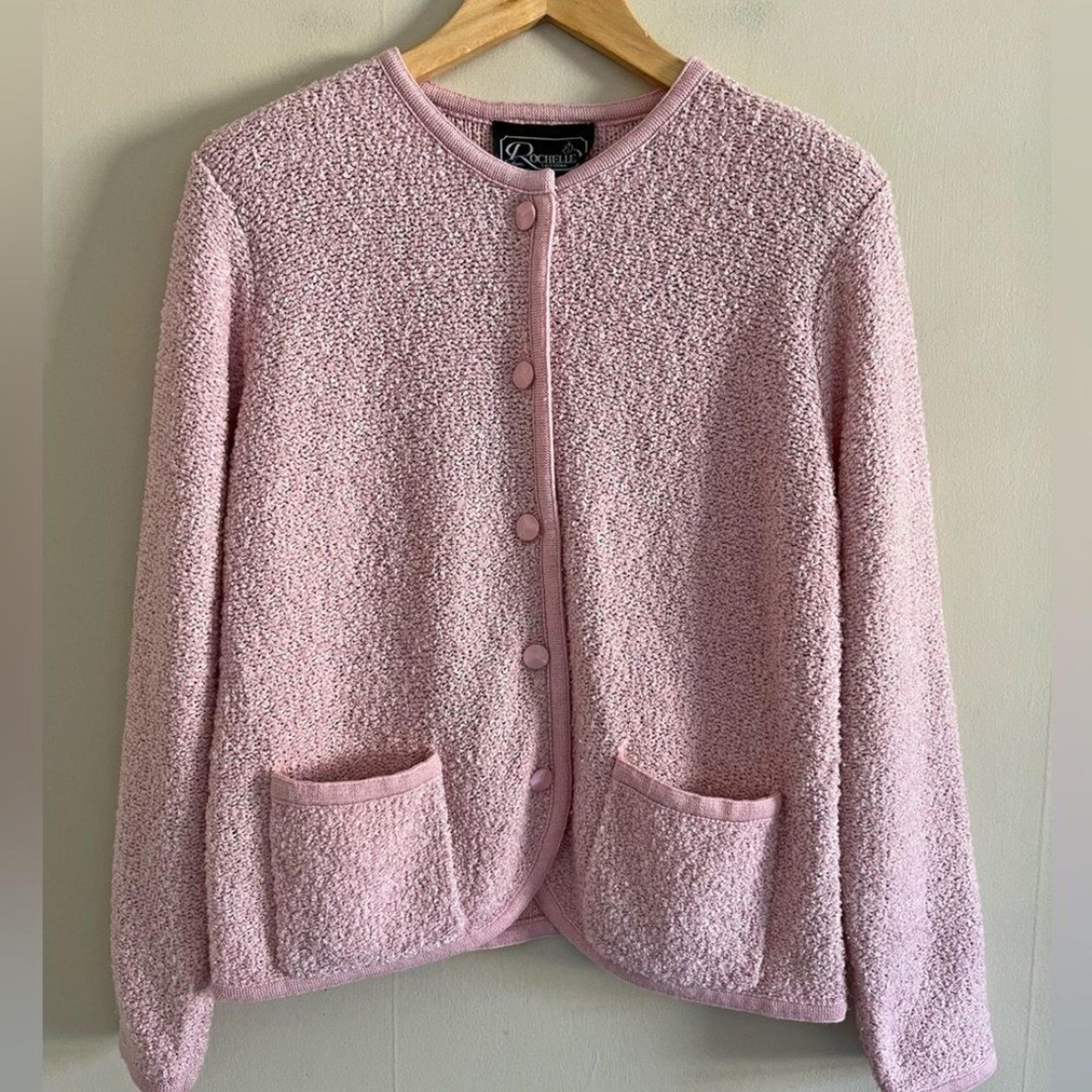 VINTAGE 70s 80s pink flat knit button front classic chic mod cardigan sweater