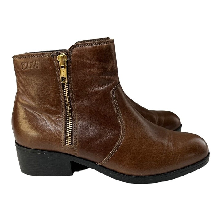 Cougar Boots Womens 7M Brown Leather Gold Tone Zip Almond Toe Block Ankle Shaft