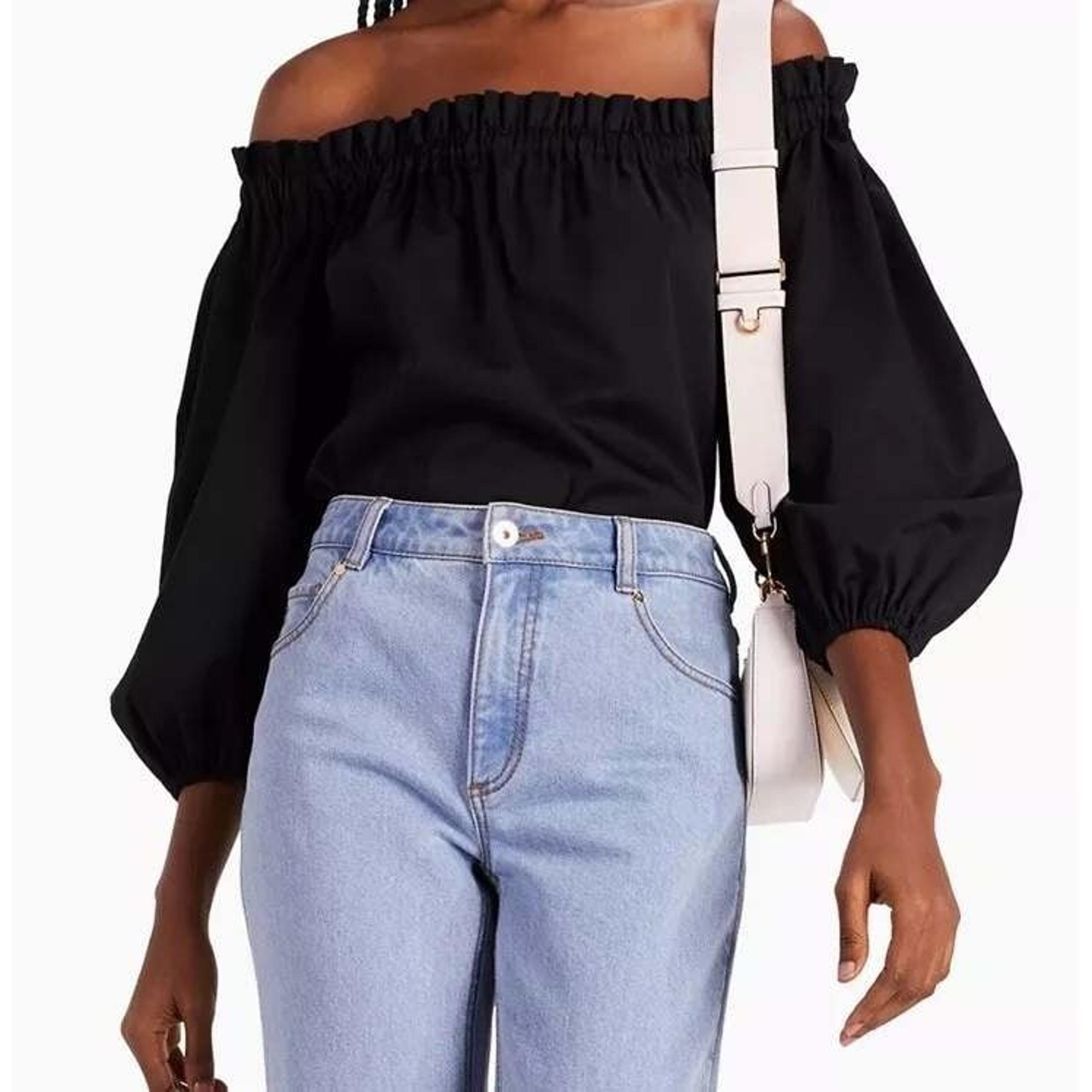 KATE SPADE | Black Stretch Cotton Poplin Off Shoulder Top Blouse Black Size S
