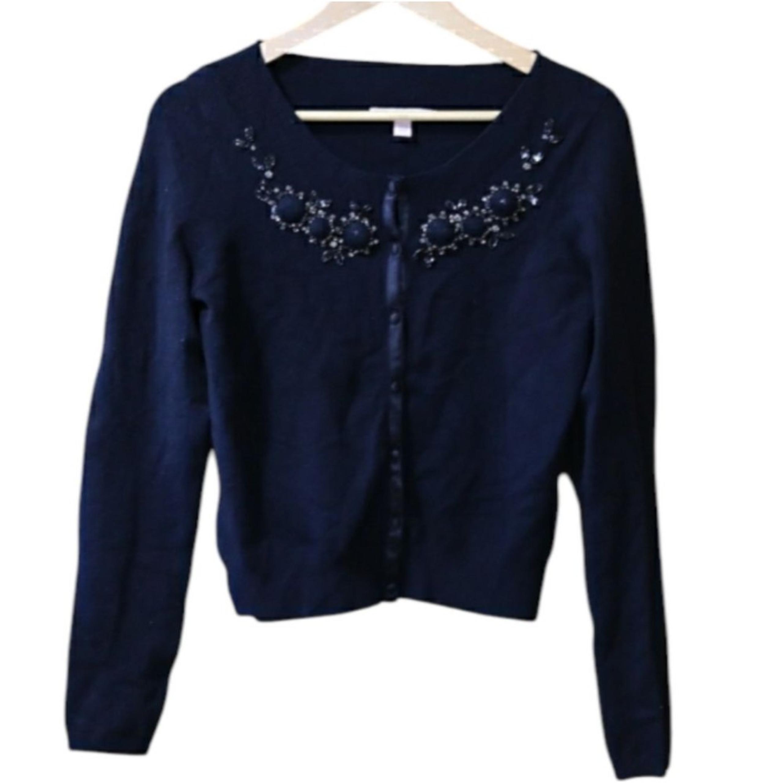 Rebecca Taylor Black Beaded Cardigan Sweater Silk Cashmere Large