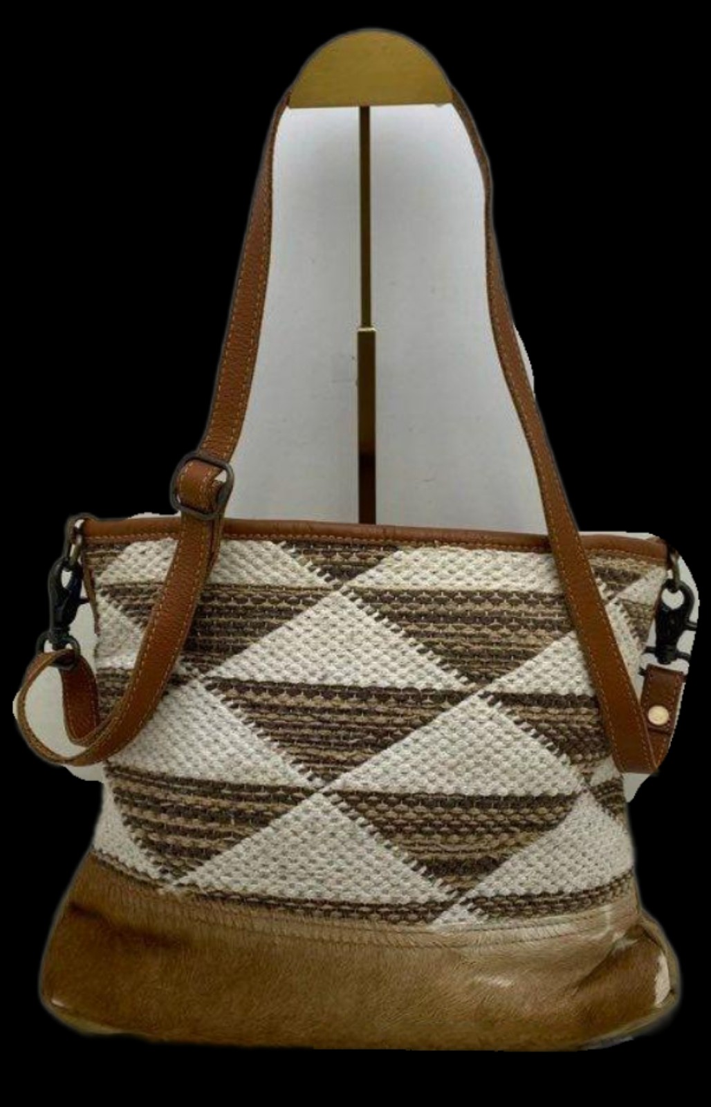 Myra Prismatic Pyramid Pattern Brown Leather Rug and Hair Crossbody Shoulder Bag