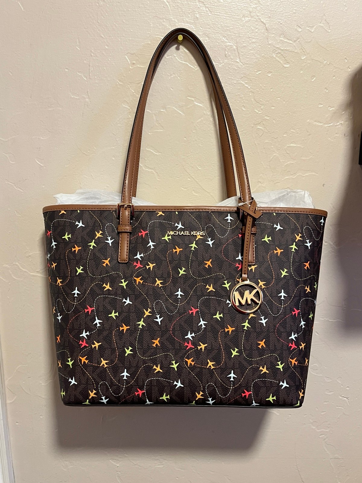 Michael Kors Jet Set Medium Carryall Airplane Print Tote Bag - Brown NWT