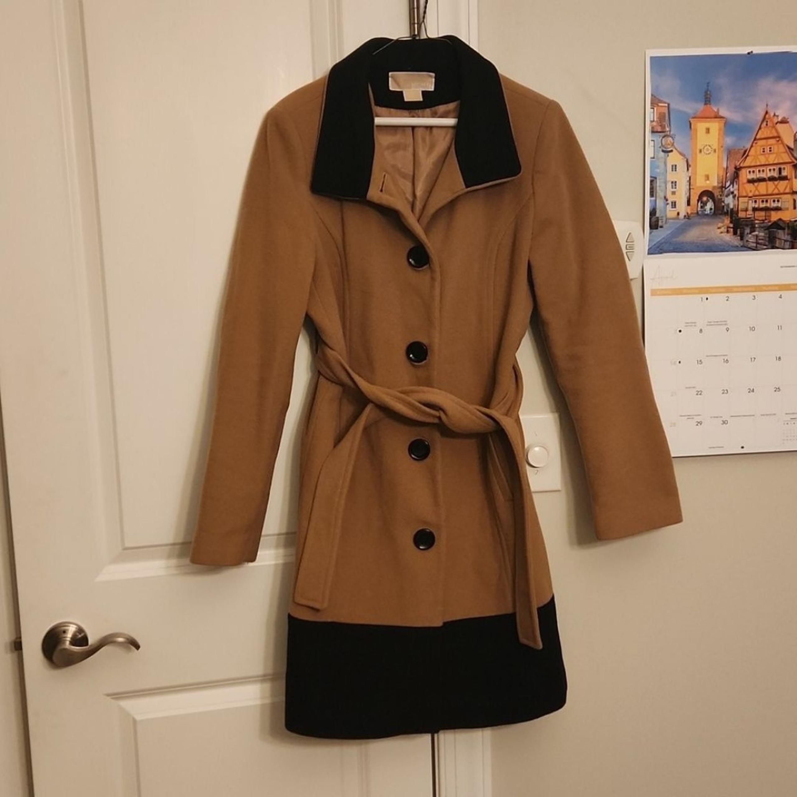 Michael Kors Women's Tan Brown & Black Wool-Blend Pea Coat w/ Sash Size M