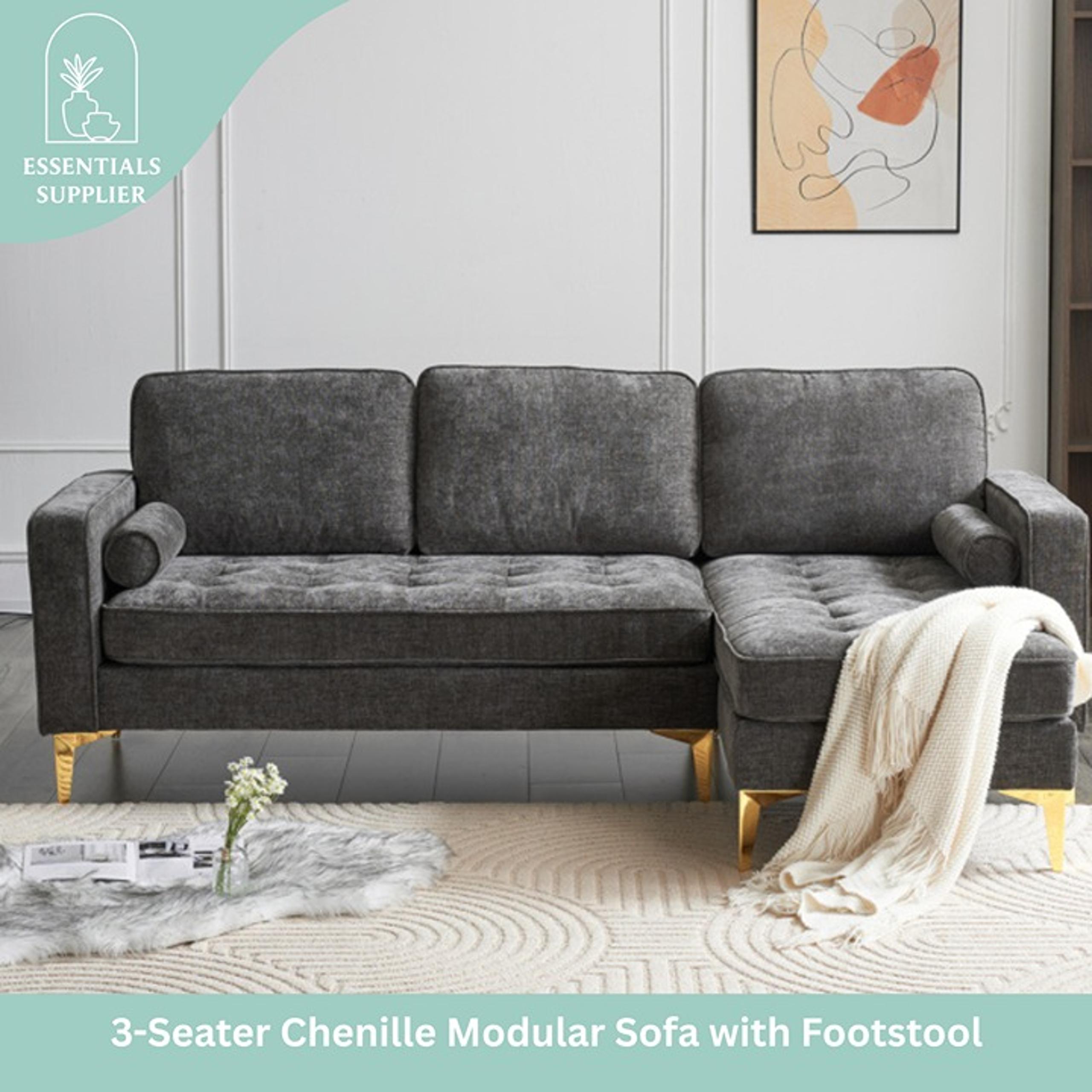 3-Seater Chenille Modular Sofa with Footstool, Gold Legs – Dark Gray