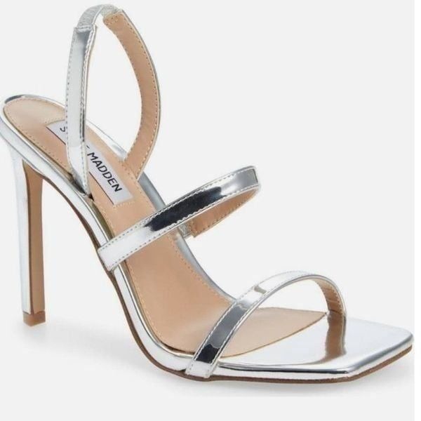 NEW Steve Madden Gracey Women silver sandal high heels shiny wedding NIB