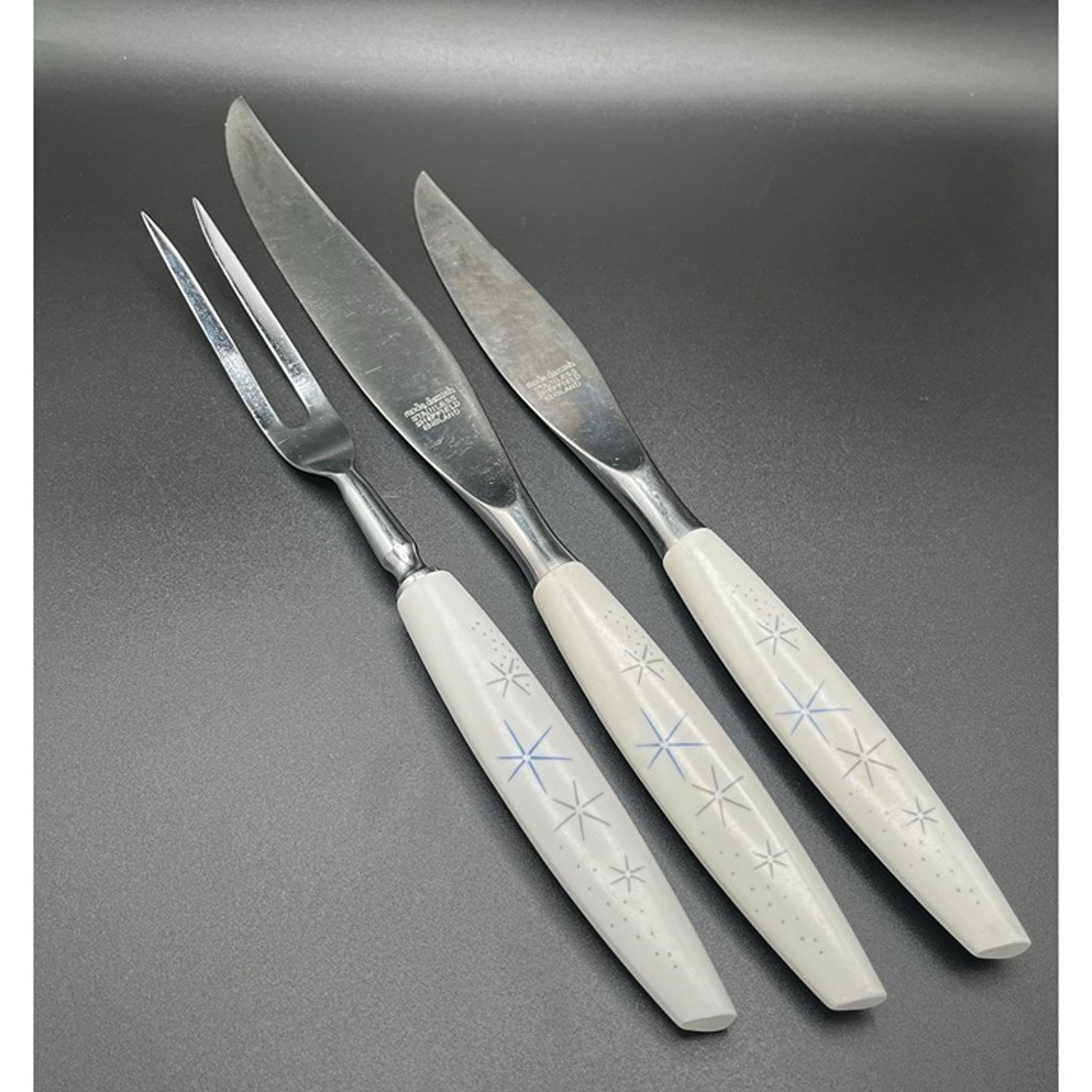 Vintage MCM Atomic Starburst Knife Carving Set Sheffield England Danish 3 Piece