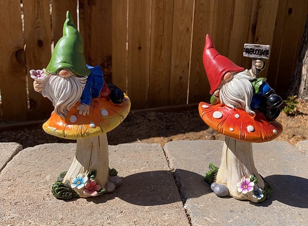 New Garden Gnomes Statues for Yard Decor, Set of 2 Cute Gnomes on Mushrooms