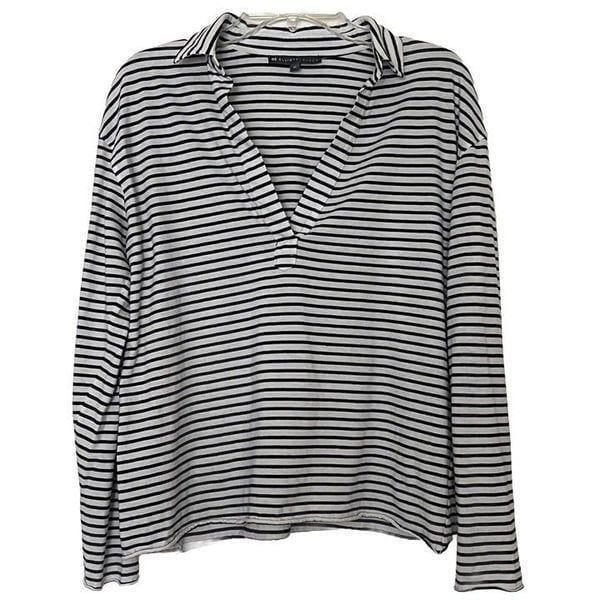 Elliott Lauren Collared Top Womens Medium Long Sleeves White Blue Striped Shirt