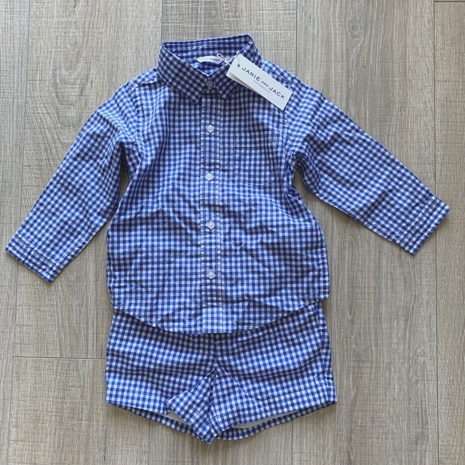 2 pc Janie and Jack Blue White Checkered Gingham Button Shirt Shorts Set 18-24 m