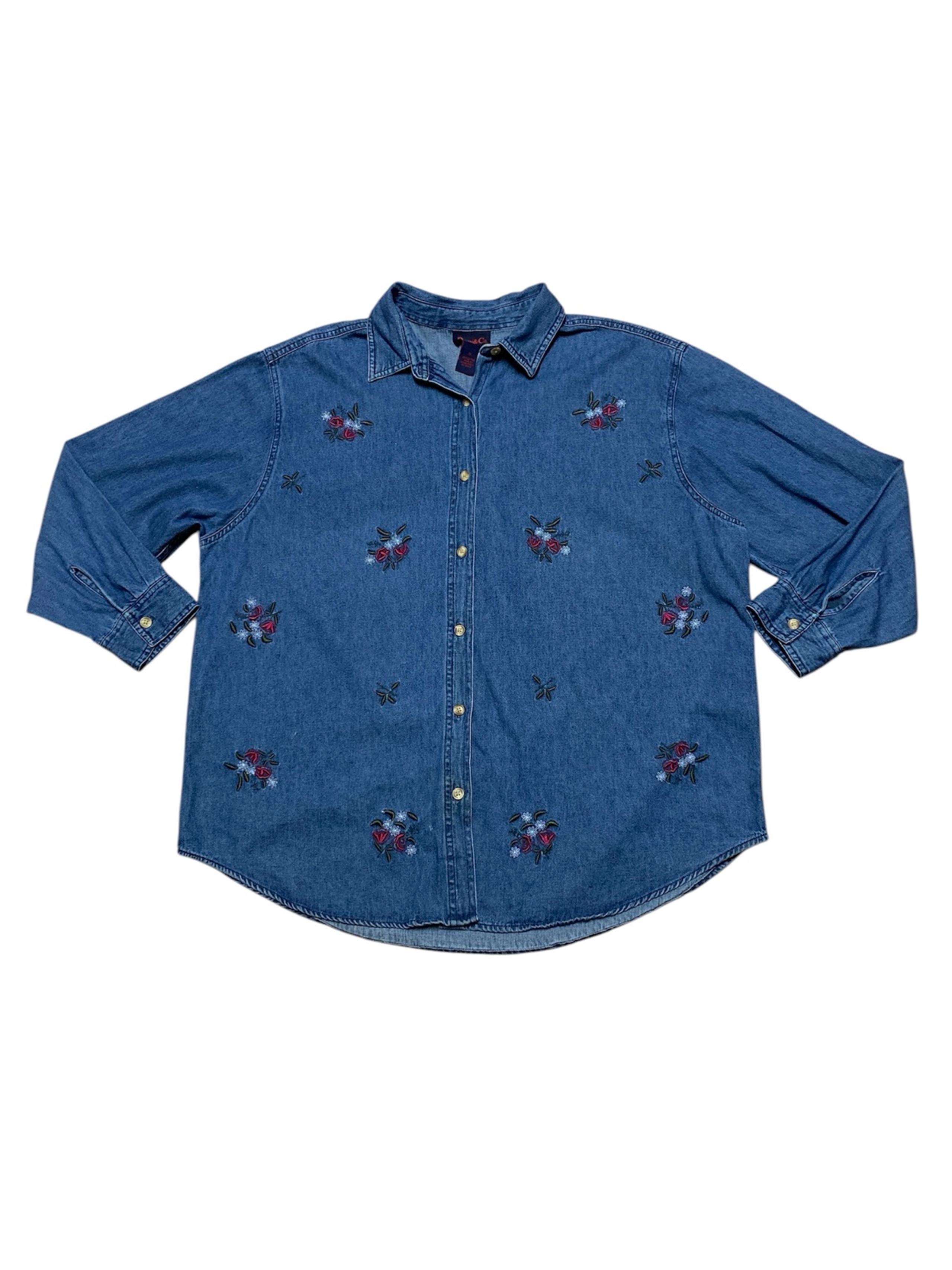 Vintage Denim & Co Long Sleeve Shirt Women’s 1X Blue Jean Blouse Button Down Top