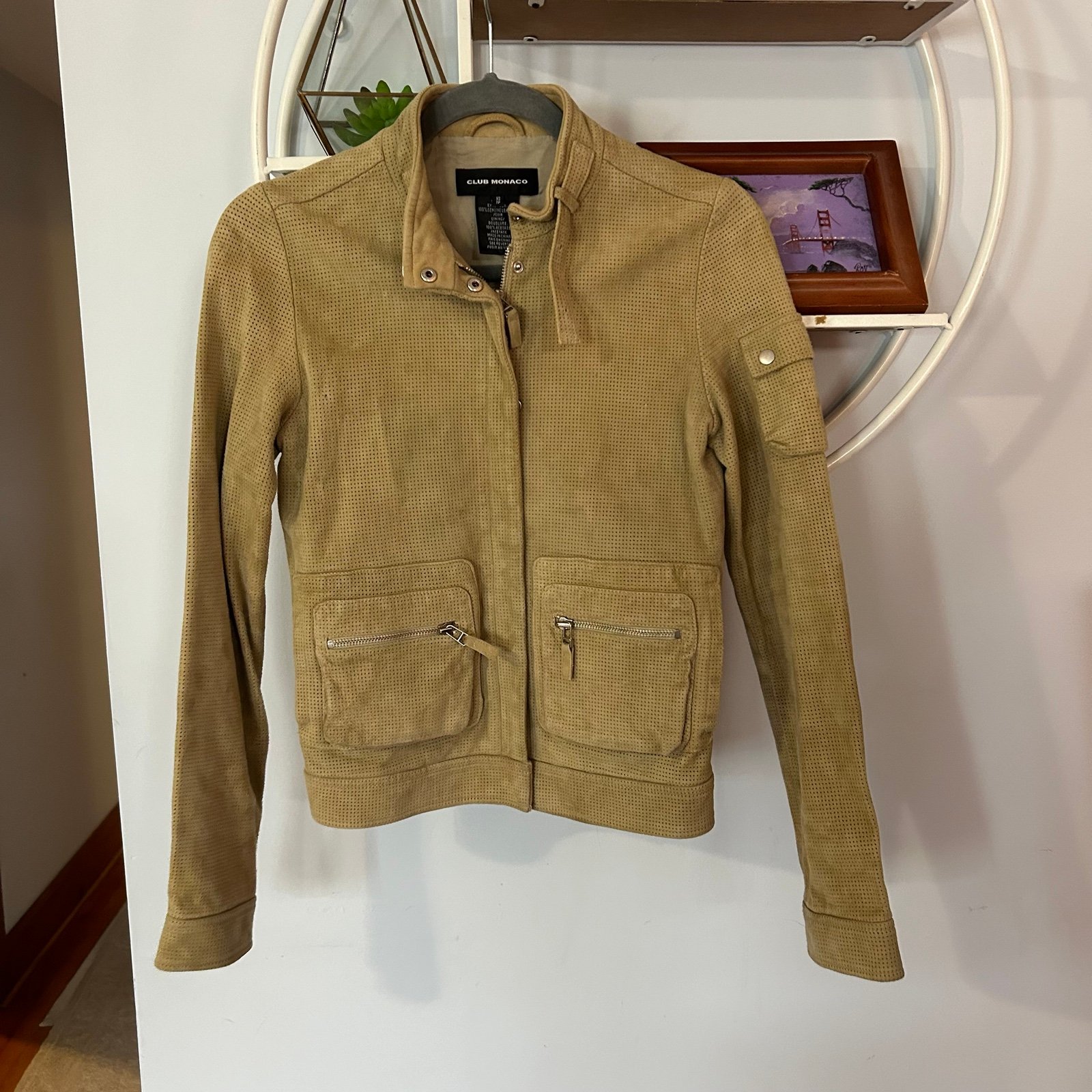 Club Monaco Women's XS Extra Small Leather Perforated Bomber Jacket