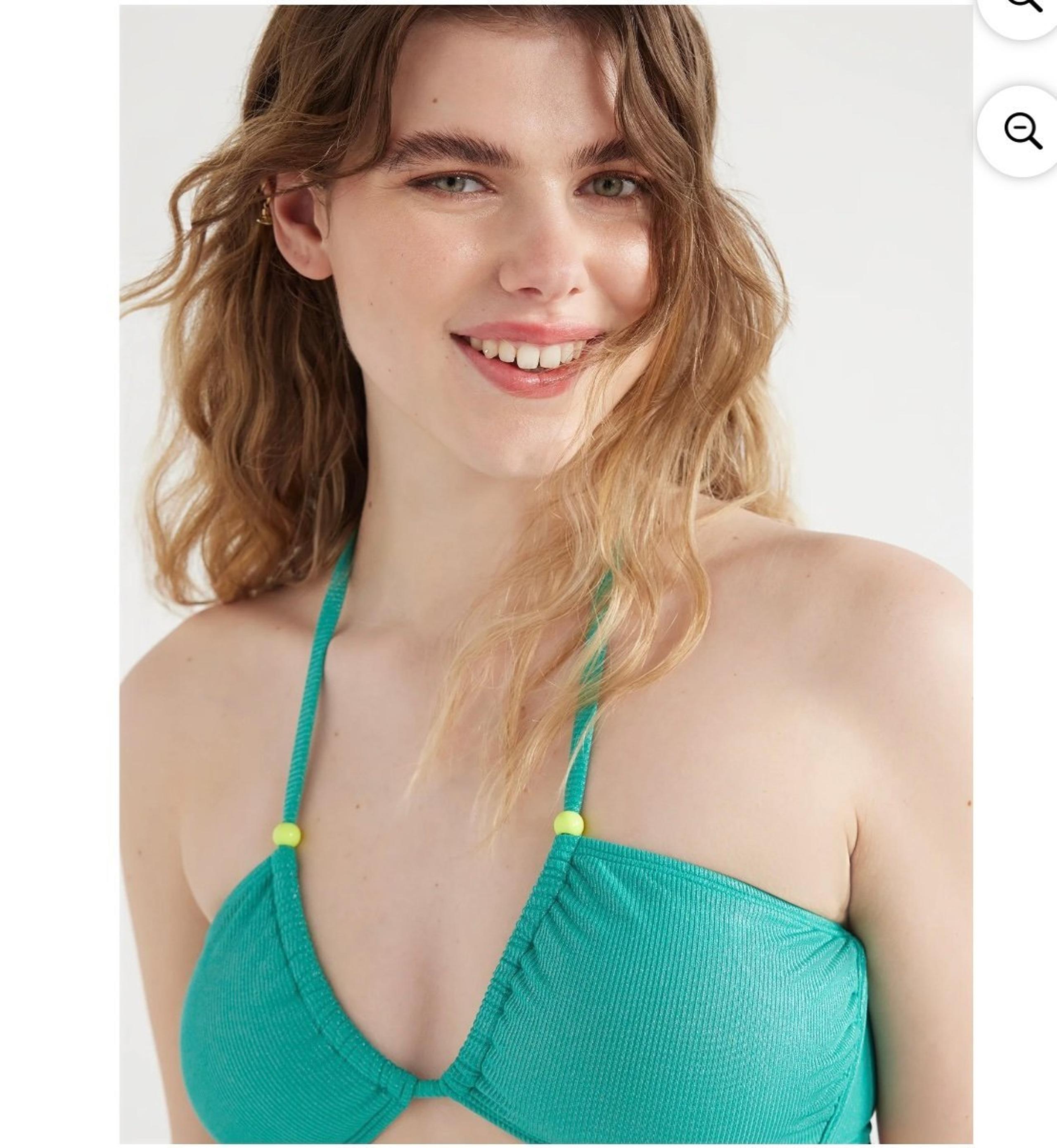 New /No Boundaries Juniors’ Lurex Bikini Swim Top with Beads, Turquoise, Size S