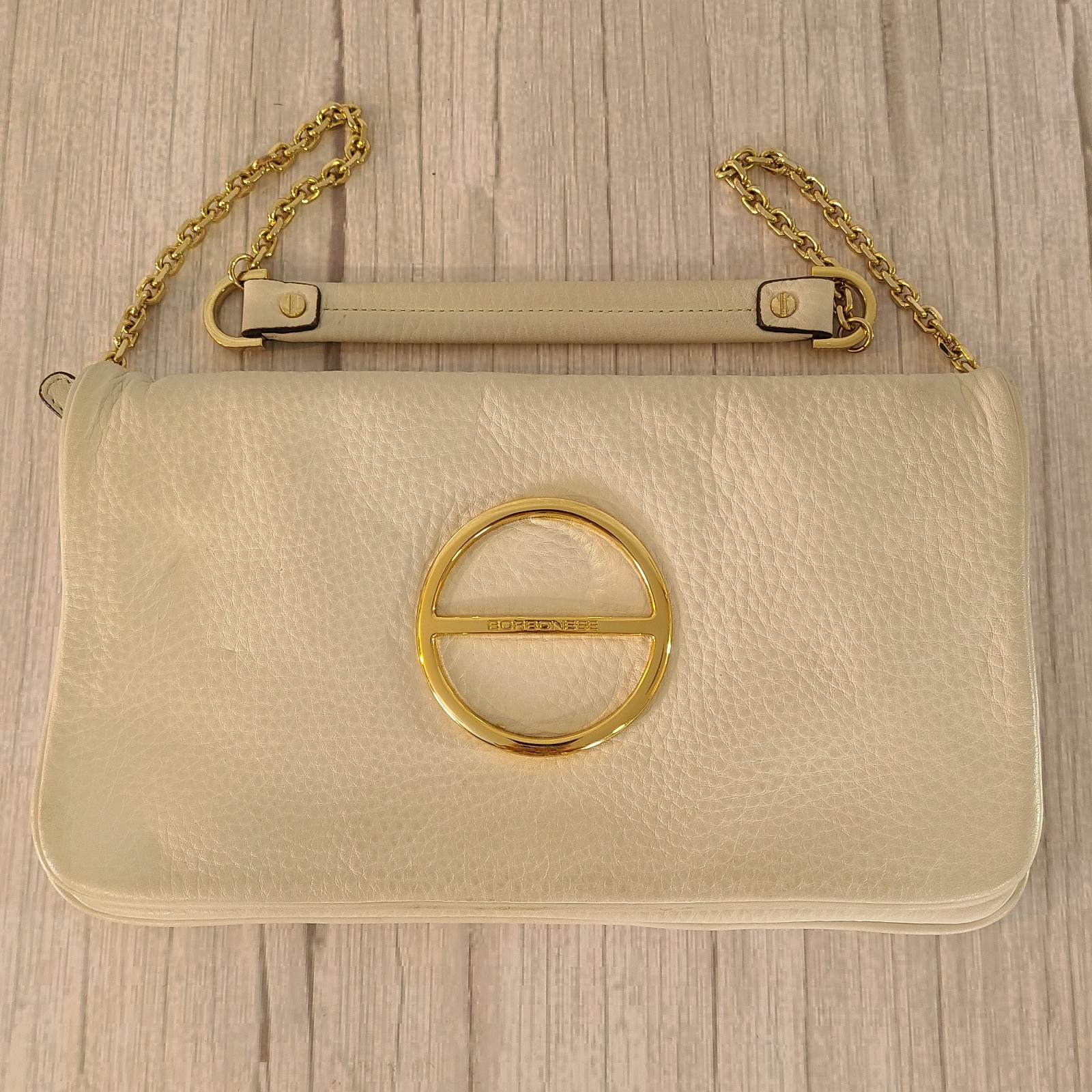 Borbonese Cream Leather Clutch Shoulder Bag Removable Chain Strap
