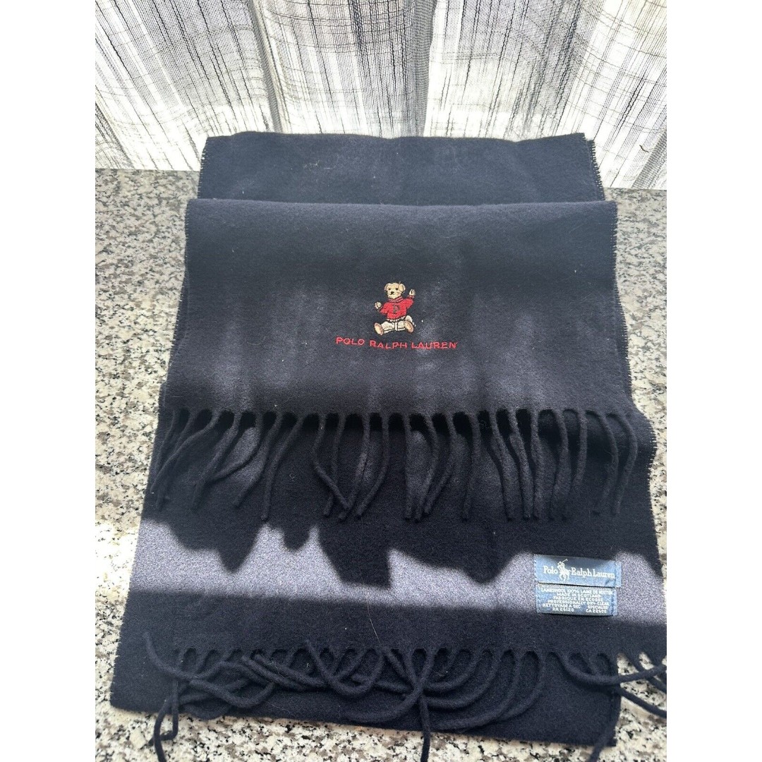 Vtg RALPH LAUREN 100% Lambswool Fringe Scarf Polo Teddy Bear Scotland Made Black