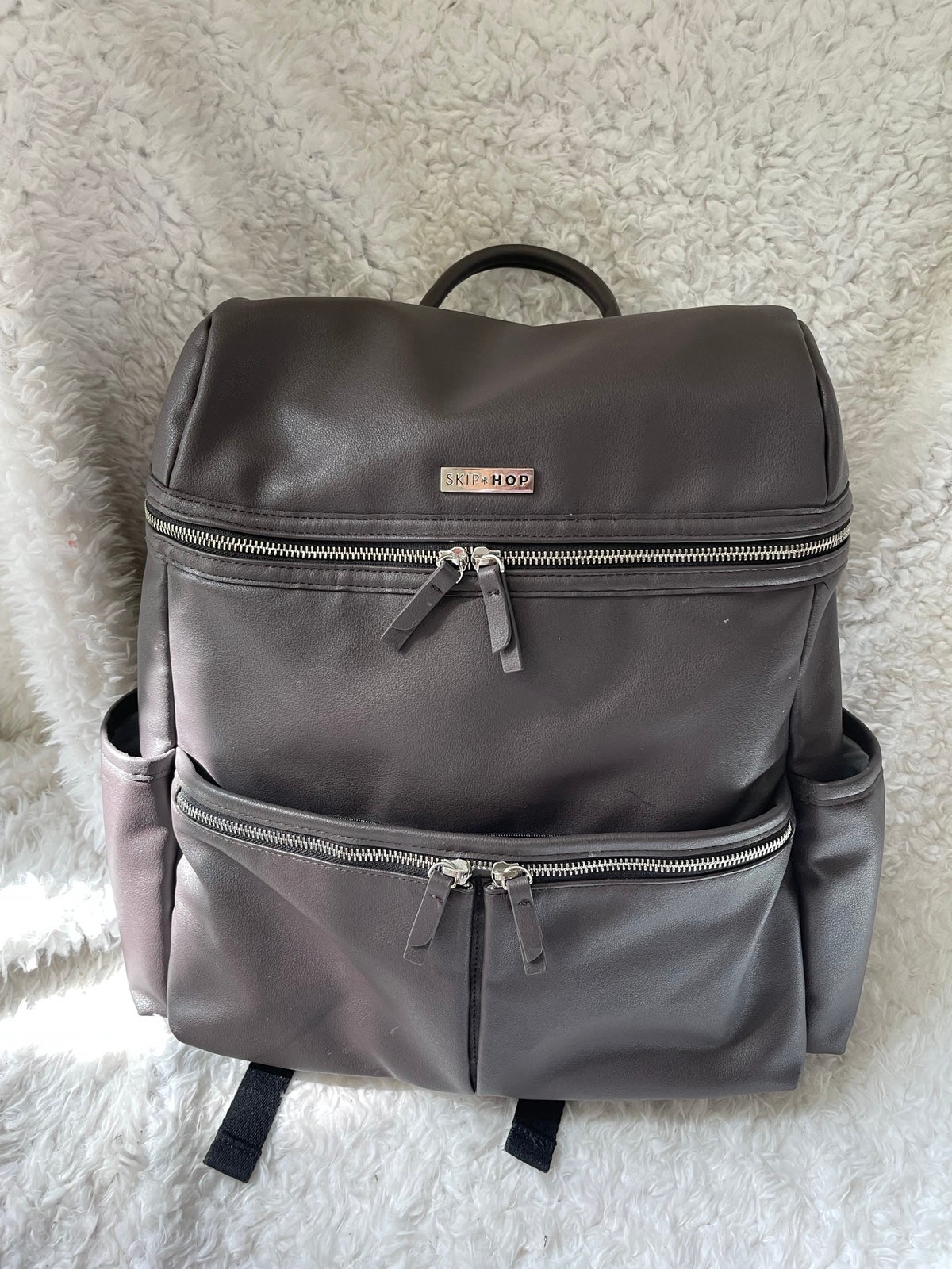 Skip Hop Flatiron Diaper Bag Backpack - Gray Raisin with silver tone hardwares t