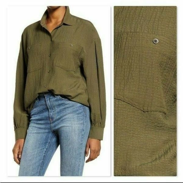 Treasure & Bond Pleated Sleeve Button-Up Shirt in Olive Night - NEW
