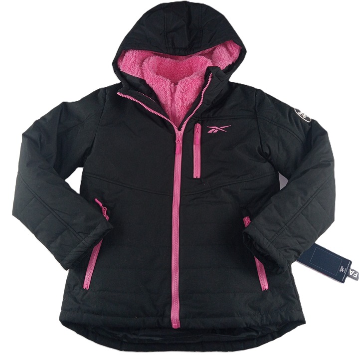 Reebok 3-in-1 Jacket System Black with Pink Faux Fur Girls Size 7/8 Hooded