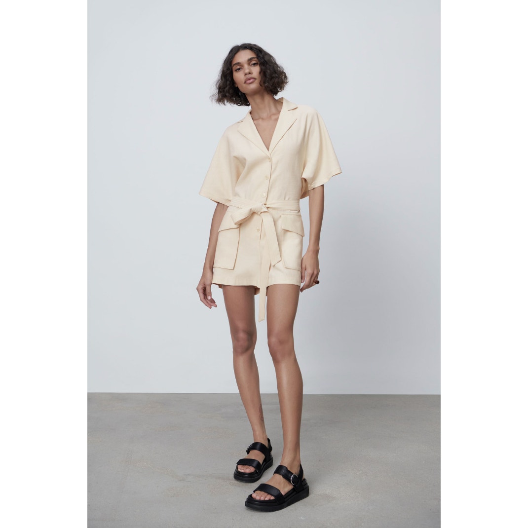 ZARA Beige Viscose Romper Back Vent 7385/125 Piece Notch Lapel Casual S BLOGGER