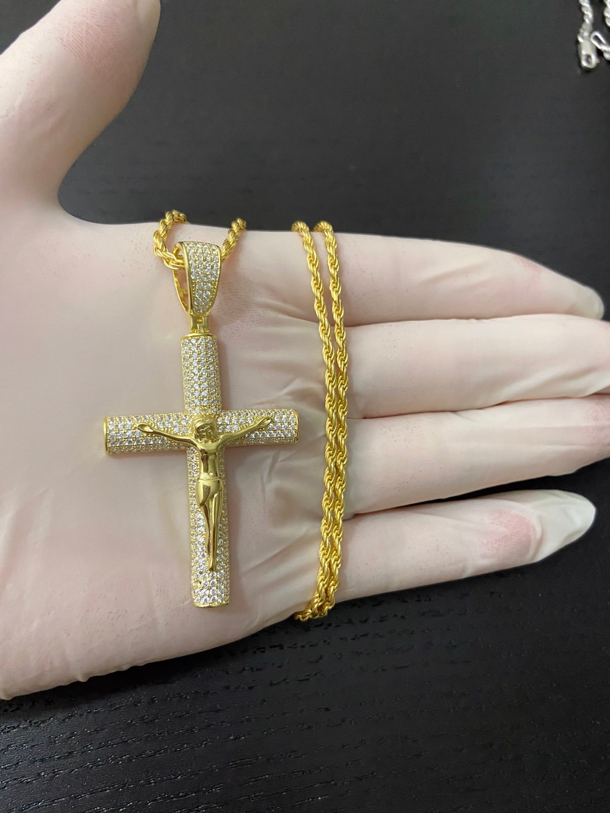 14k gold 925 diamond jesus cross necklac