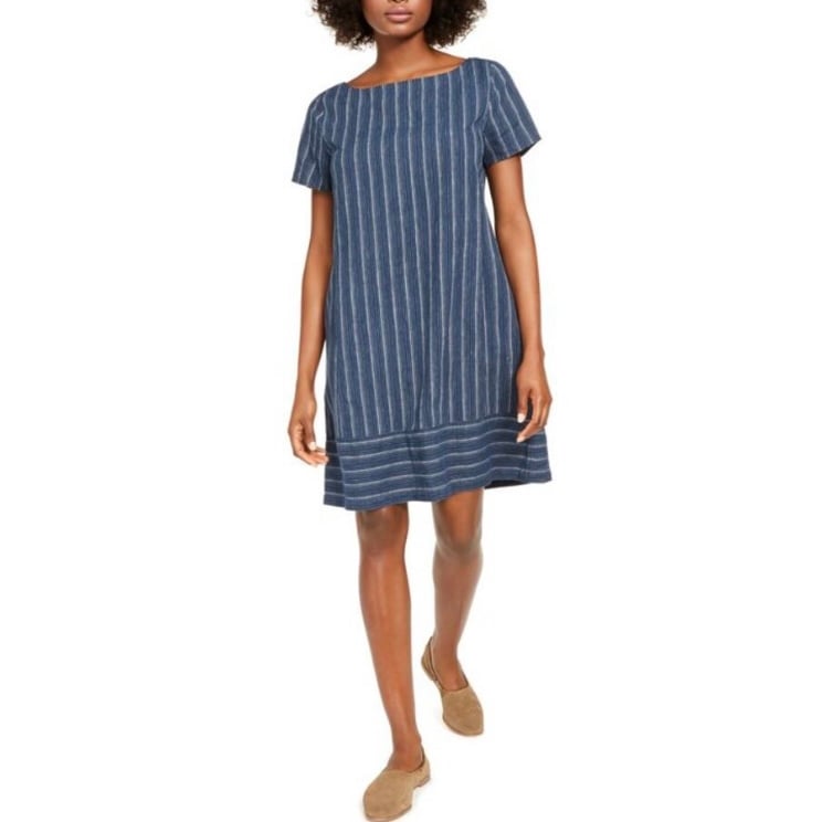 Eileen Fisher Dress Women’s L Large Blue Shift Hemp Pinstriped Jewel Neck