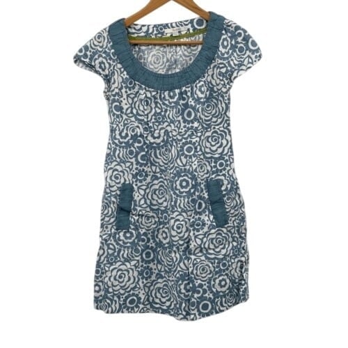 Boden Dress Linen Women Size 6 Blue Teal White Floral Short Cap Sleeve Pockets